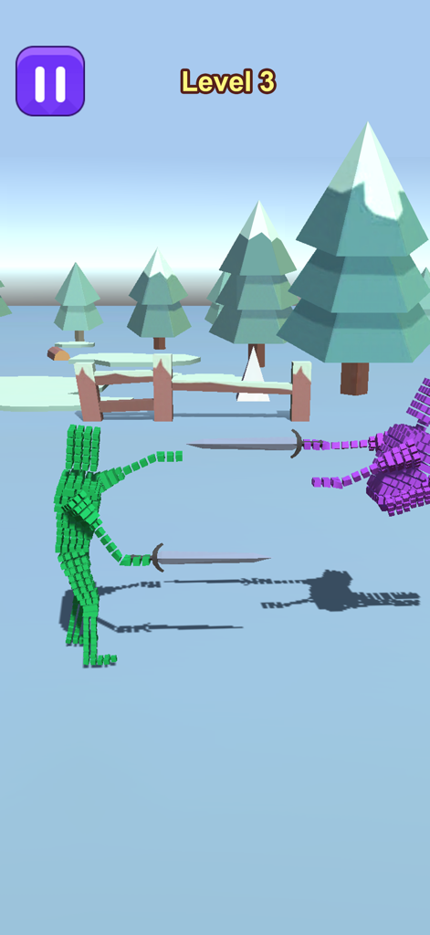 Moves Master - Green and purple blocky figures engaging in a sword duel in the game Moves Master