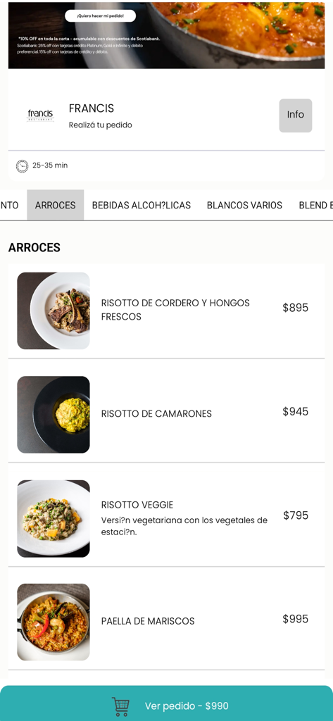 Francis - Tela do menu do aplicativo do restaurante Francis mostrando pratos de arroz, incluindo risoto e paella, com preços
