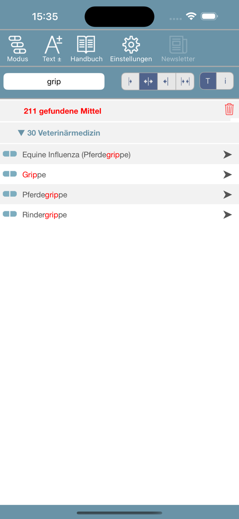 Resultados de búsqueda de frecuencias de radiónica veterinaria en la interfaz de la aplicación RatesBook.