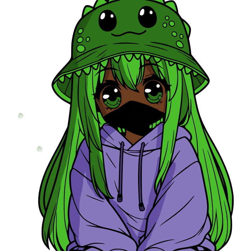 girl with anime shaped eyes with a dinosaur bucket hat oversized sweatshirt long straight hair