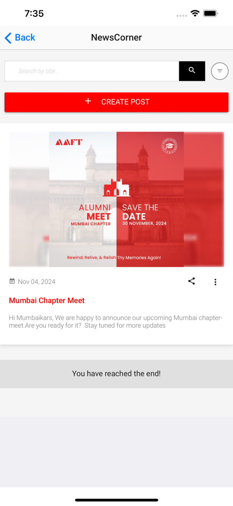 AAFT Connect - Section NewsCorner de l'application AAFT Connect montrant une annonce de rencontre d'anciens élèves.