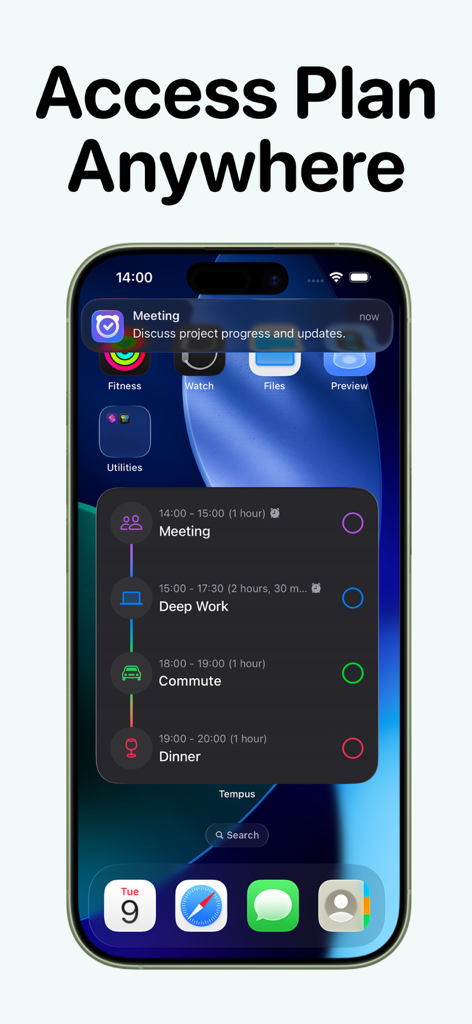 Tempus: ADHD Planner & To-Do - iPhone home screen with a Tempus ADHD planner widget showing a daily visual timeline of tasks