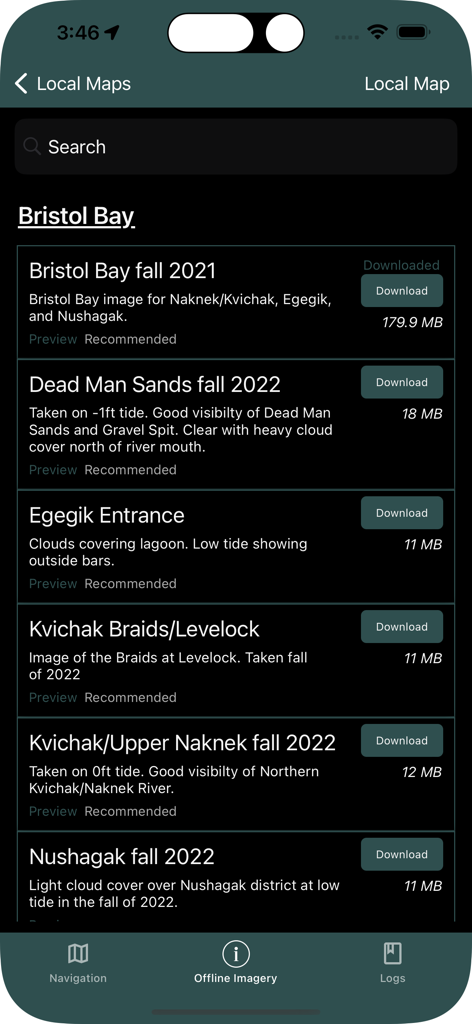 Bristol Maps - Bristol Maps app showing a list of downloadable satellite imagery for Alaska fishing areas