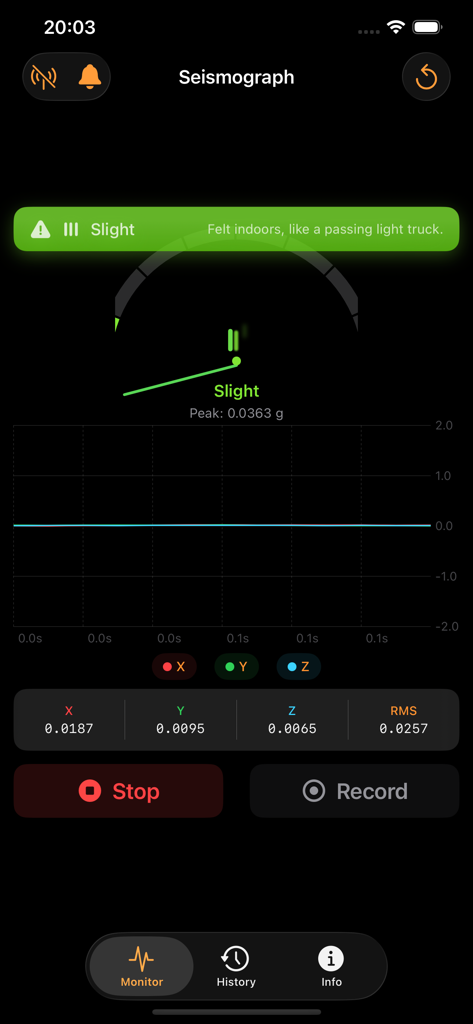 Vibration - Seismograph Meter - Real-time seismograph display showing vibration intensity and acceleration data on three axes
