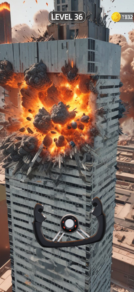 Una explosión masiva y realista en un rascacielos en el juego móvil Sling Plane 3D.