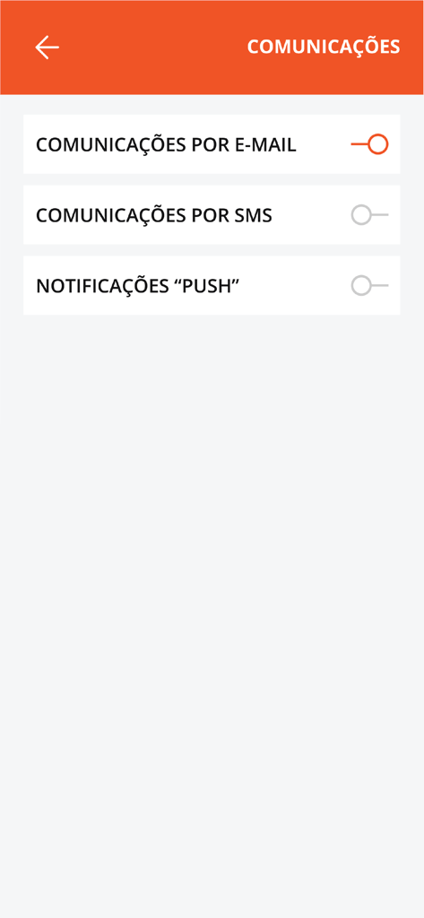 Communication preferences screen in the Bertrand 1732 app showing email, SMS and push notification toggles.
