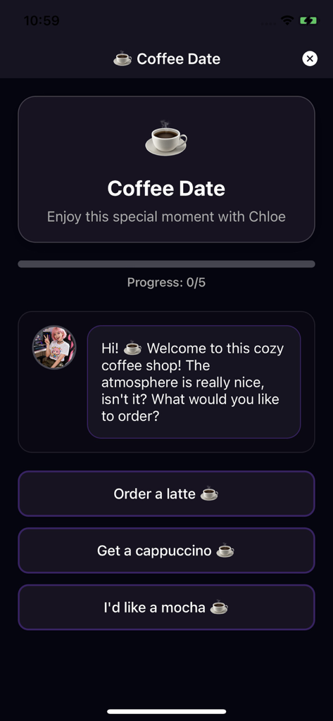 Muva - AI Romance & Friends - Una simulación de cita virtual para tomar café en la aplicación Muva que muestra una interacción de chat con una compañera de IA llamada Chloe y opciones de respuesta de opción múltiple