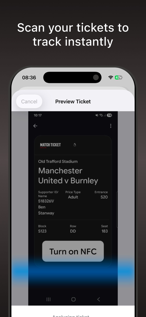 Ground Hopper Stadium Passport - Ground Hopper app interface showing AI ticket scanning for a soccer match at Old Trafford stadium