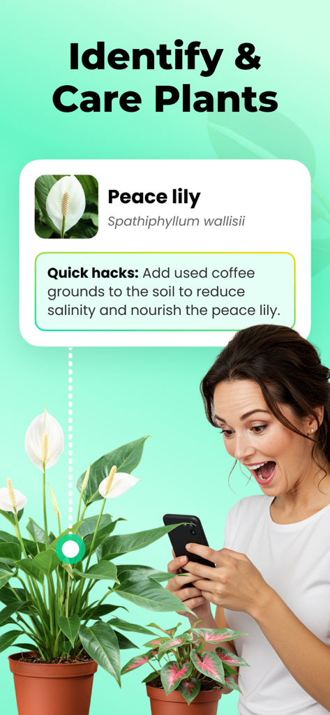 Plant Parent: Plant Care Guide - 女性がPlant Parentアプリを使用して、スパティフィラムを識別し、携帯電話で簡単な植物ケアのハックを表示している様子