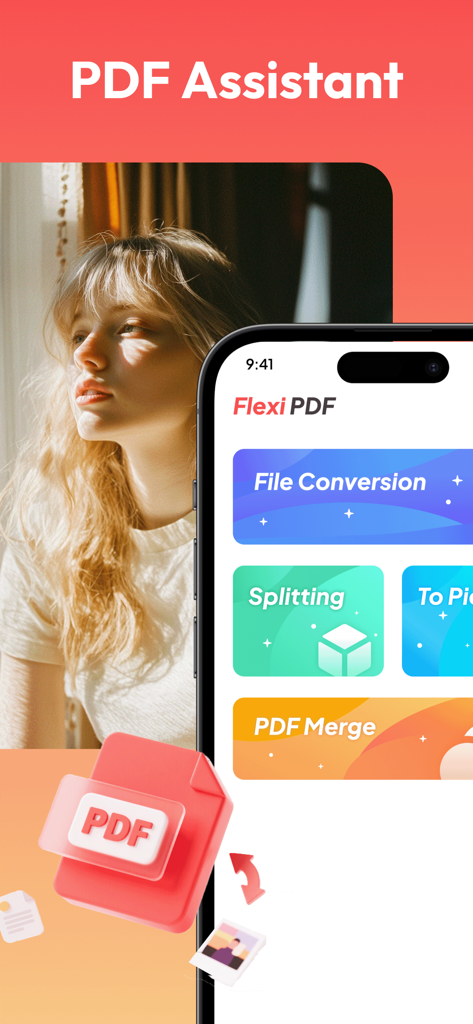 Interface do aplicativo Flexi PDF em uma tela de smartphone mostrando opções para conversão de arquivos, divisão e junção.