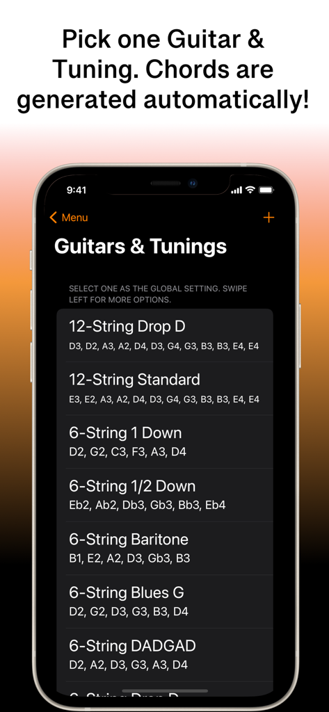 Pantalla de la aplicación SongFolio que muestra una lista de tipos de guitarra y opciones de afinación personalizada para la generación automática de acordes