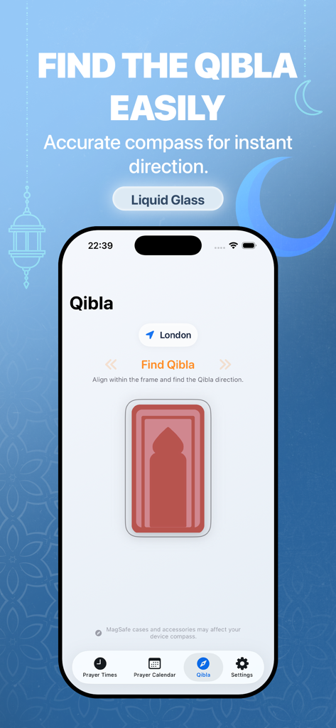 Vaktim: Prayer Times & Qibla - A clean iOS interface showing the Vaktim app qibla compass feature with a prayer mat alignment graphic
