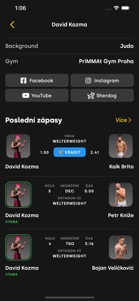 Perfil do lutador David Kozma no aplicativo OKTAGON MMA mostrando estatísticas e histórico de lutas