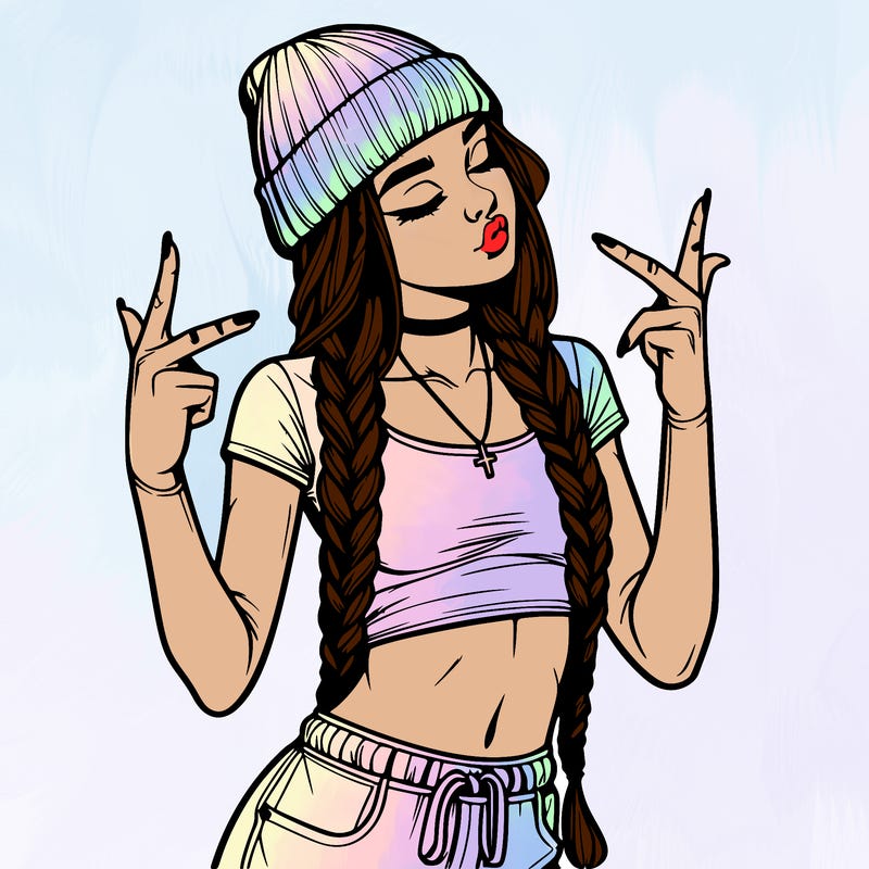 realistic teenage girl with braids and a beanie and crop top doing 🫶🏼