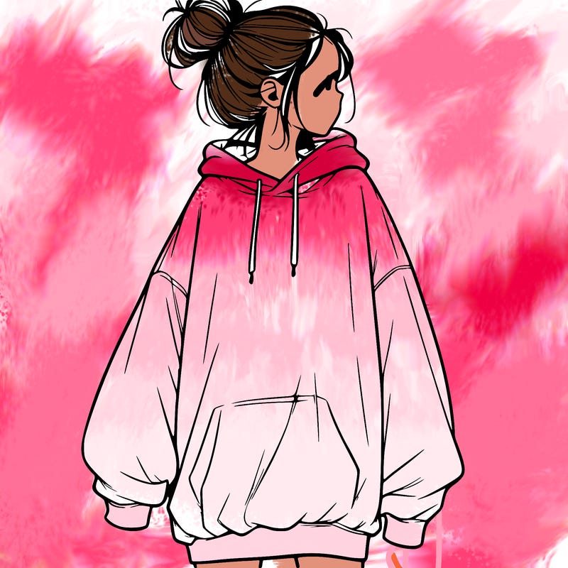 realistic girl with a oversized sweatshirt on and a bun