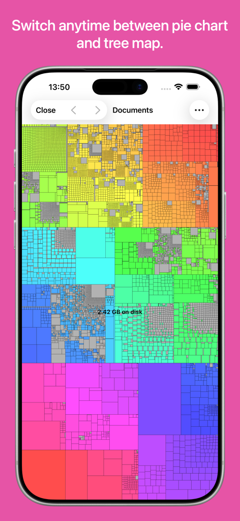 A colorful tree map visualization in the Disk Graph app on an iPhone showing file storage distribution.
