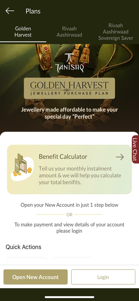 Tanishq app Golden Harvest jewellery purchase plan screen with benefit calculator.