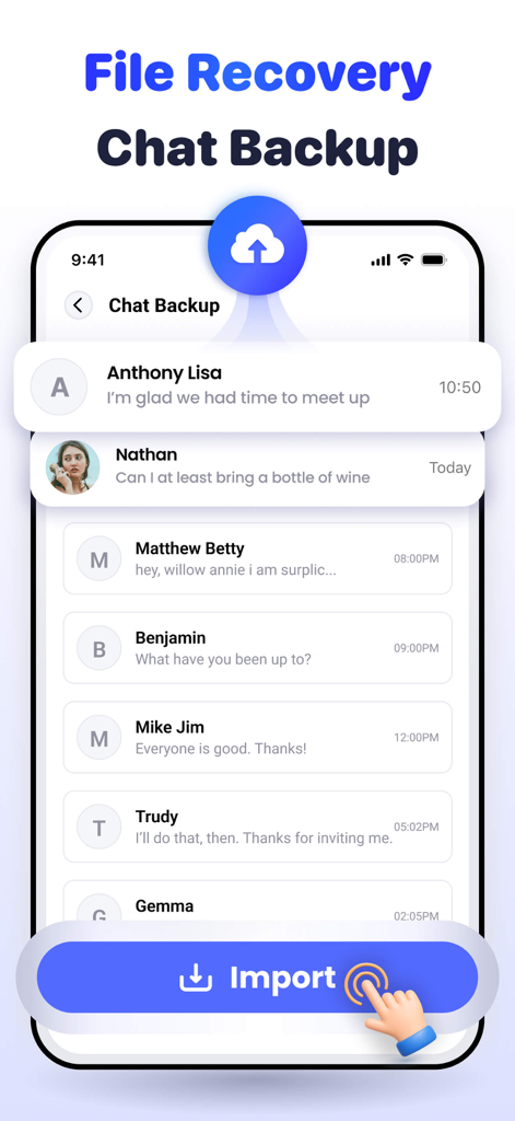 Calculator Lock - Hide Photos - Pantalla de smartphone que muestra las funciones de copia de seguridad de chat y recuperación de archivos con una lista de mensajes privados