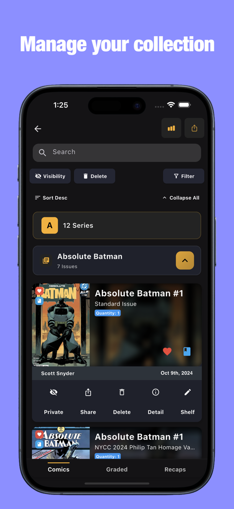 Tabi Comic Collection - Tabi app screen showing a digital comic book collection with an entry for Absolute Batman