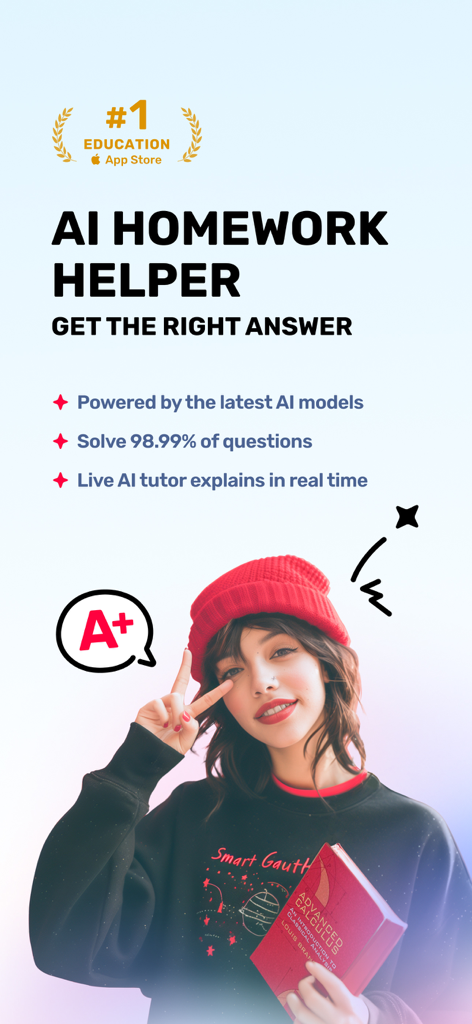 Gauth AI Homework Helper app screenshot showing a student with an A plus grade holding a calculus book