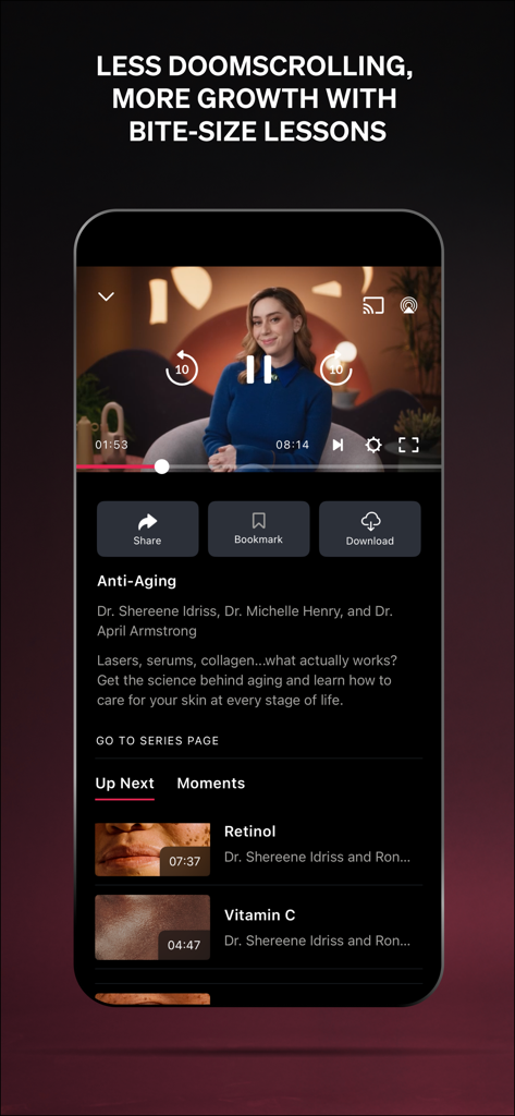 MasterClass: Online Classes - MasterClass app interface showing a video lesson on skincare and upcoming lessons list