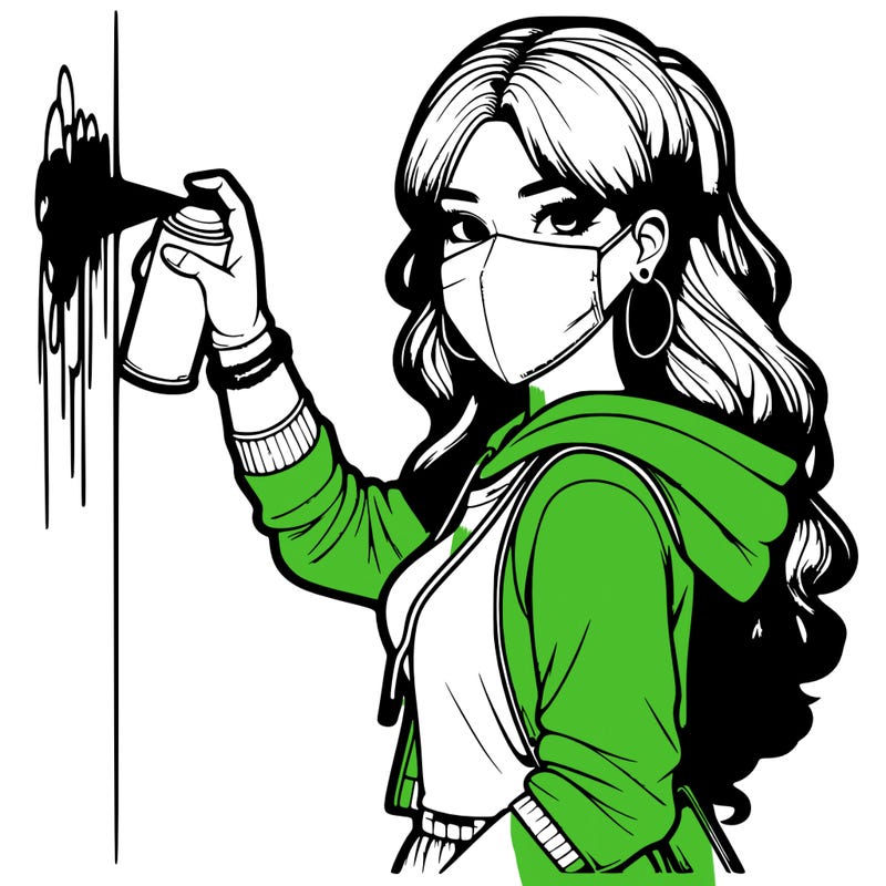 realistic girl with mask spray painting a wall