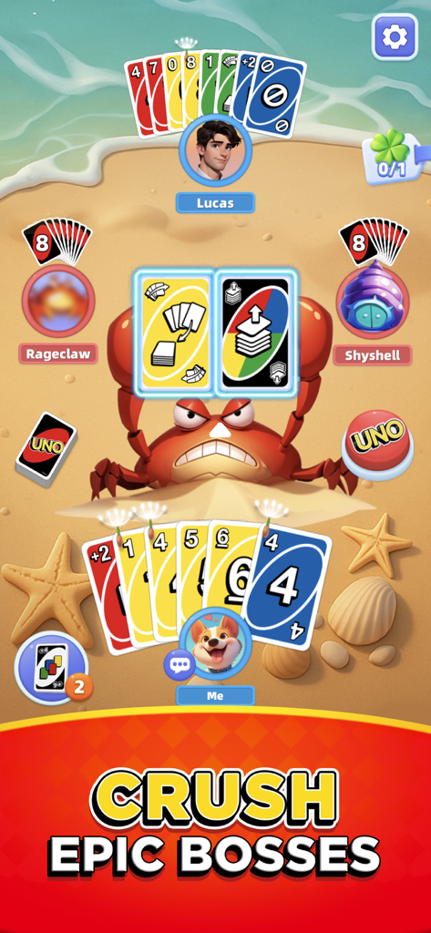 Partida de cartas del juego móvil UNO Wonder contra un jefe cangrejo en una playa.