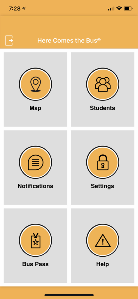 Main menu of the Here Comes the Bus app showing navigation icons for Map, Students, Notifications, Settings, Bus Pass, and Help