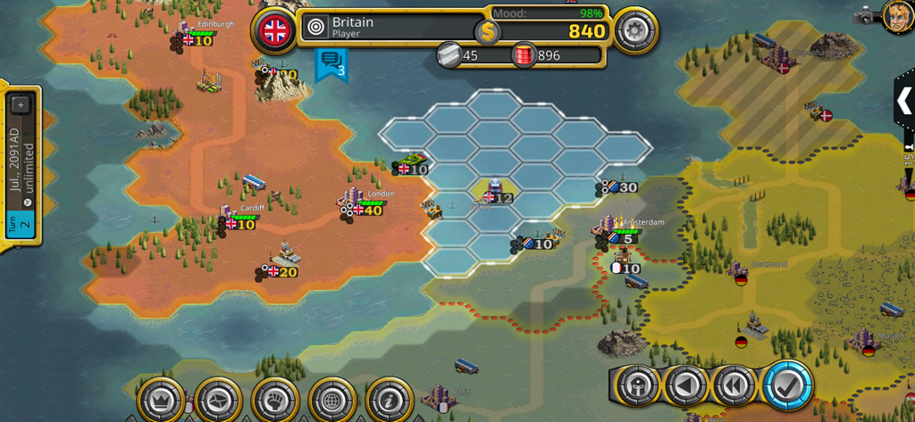 Demise of Nations - Demise of Nations grand strategy gameplay featuring a hexagonal map with military units and city management