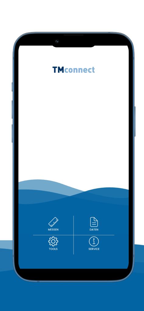 TMconnect - The main menu interface of the TMconnect app showing options for measurement data tools and service.