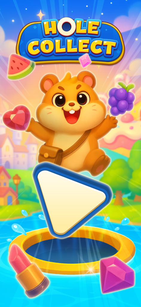 Hole Collect: Black Hole 3D - Start screen of Hole Collect Black Hole 3D featuring a cute hamster character and various items like gems and fruit above a golden-rimmed black hole