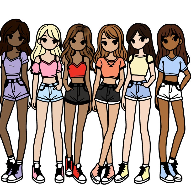 a group of girls wearing crop tops and shorts