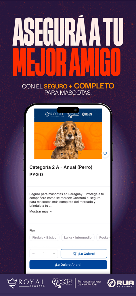 Pantalla móvil de la aplicación 4Pets que muestra planes de seguro para mascotas y precios para perros