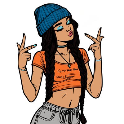 realistic teenage girl with braids and a beanie and crop top doing 🫶🏼