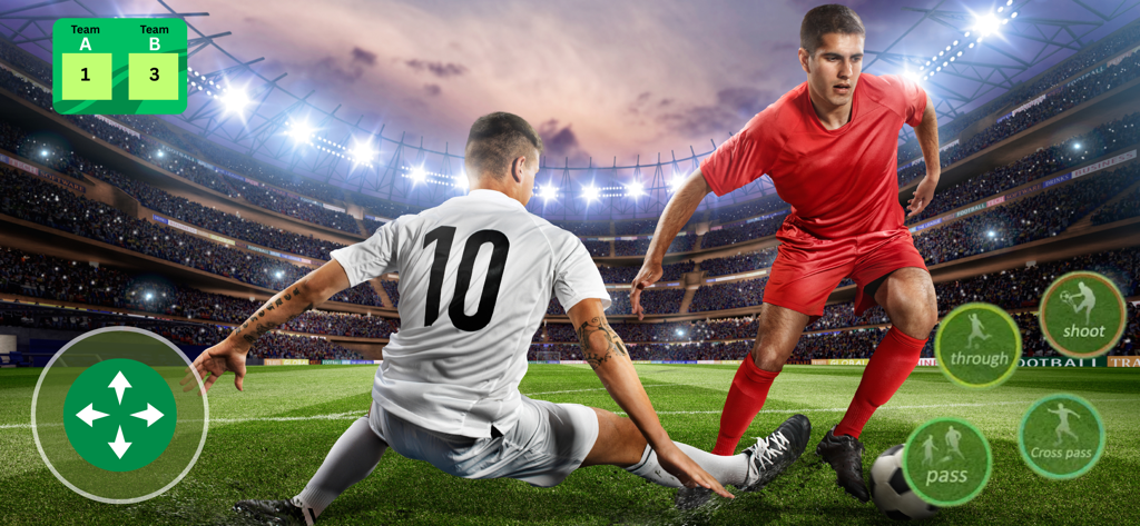 Football Pro Soccer+ - Uma tela de jogabilidade de partida de futebol mostrando dois jogadores em campo com um joystick digital e botões de ação para chutar e passar.