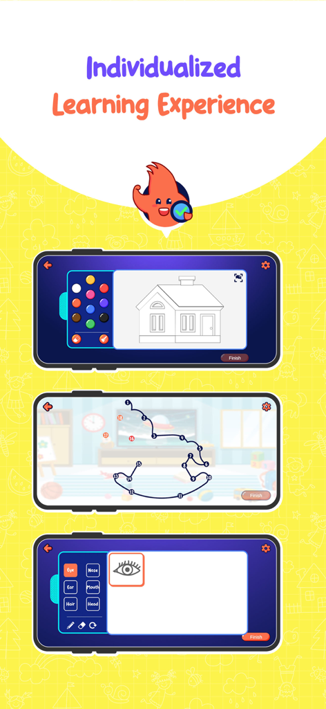 Three mobile app screens showing educational activities like coloring a house connect the dots for a rocking horse and matching body part words to an eye