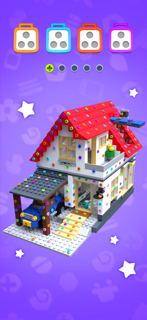 Screw Sort Puzzle™-Pin Jam 3D - A 3D model of a building block house covered in colorful screws in a mobile sorting puzzle game.