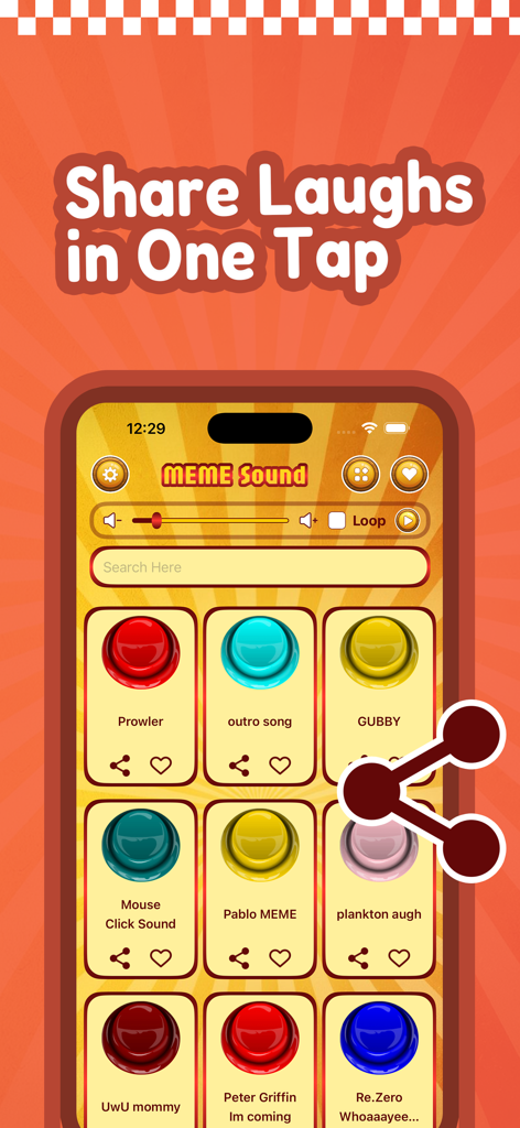 Interface do aplicativo Meme Soundboard mostrando botões de clipes de áudio virais e um recurso para compartilhar risadas com um toque