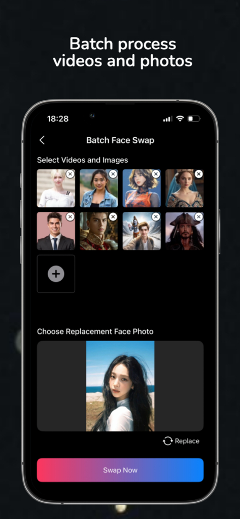 iReface – AI Face Swap Maker - A smartphone screen showing the batch face swap feature of the iReface app with multiple selected images and a replacement face option.