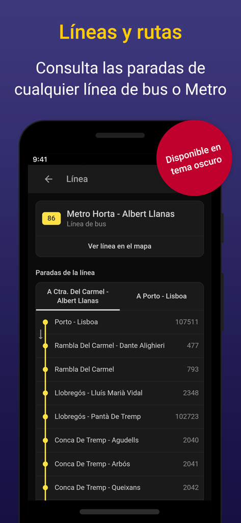 Barcelona Bus Metro Transporte - Elenco dei percorsi e delle fermate della linea di autobus di Barcellona in modalità scura.