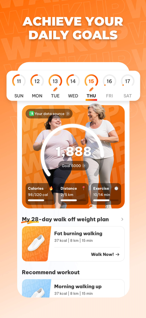 Interfaz de la app WalkUp que muestra el progreso diario de pasos, calorías quemadas y un plan de pérdida de peso de 28 días.