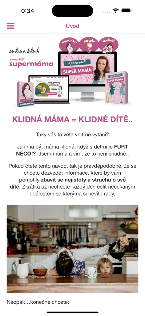 Supermáma - Introductory screen of the Supermama app showcasing the online club for mothers with parenting advice and expert content