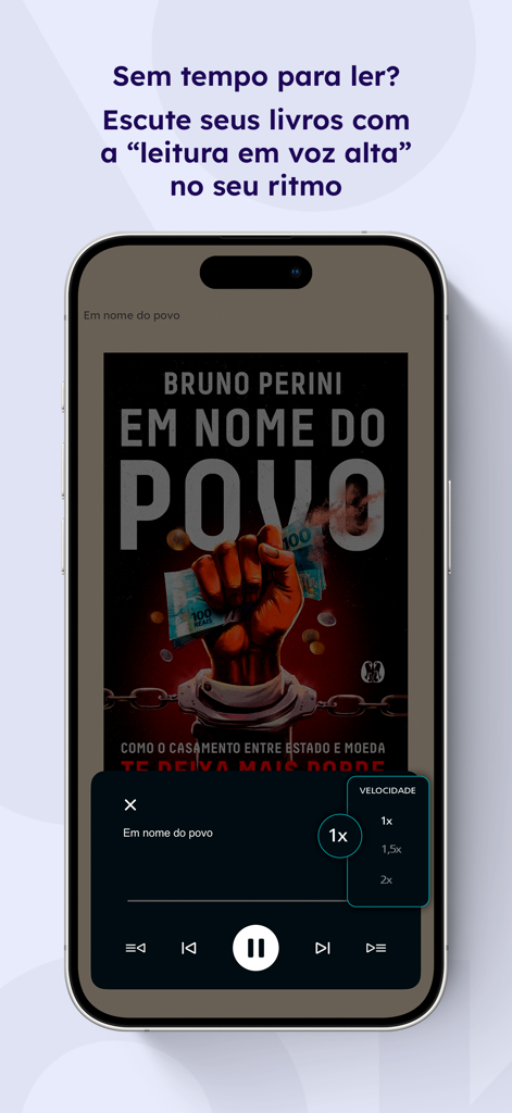 Aya Books: audiolivros, livros - Interfaz del reproductor de audiolibros de la aplicación Aya Books que muestra configuraciones de velocidad de reproducción ajustables y controles de reproducción