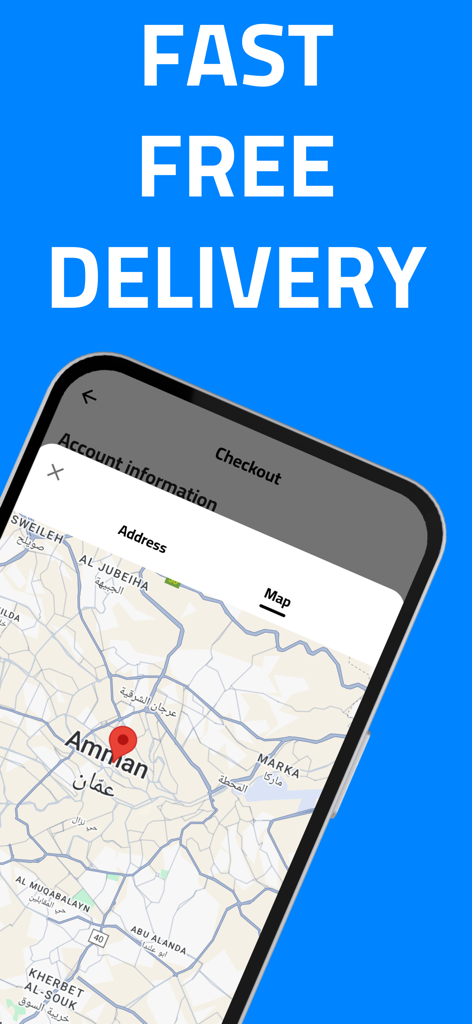 ICN: Shop Your Way - Schermata di checkout dell'app ICN che evidenzia la consegna veloce e gratuita con una mappa per la selezione dell'indirizzo.