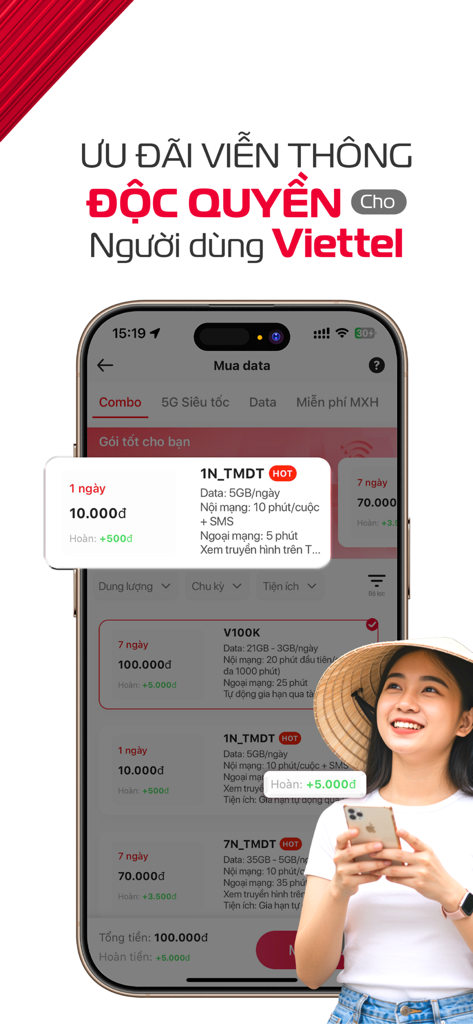 Viettel Money app interface showing data package offers for users with a woman wearing a traditional Vietnamese conical hat