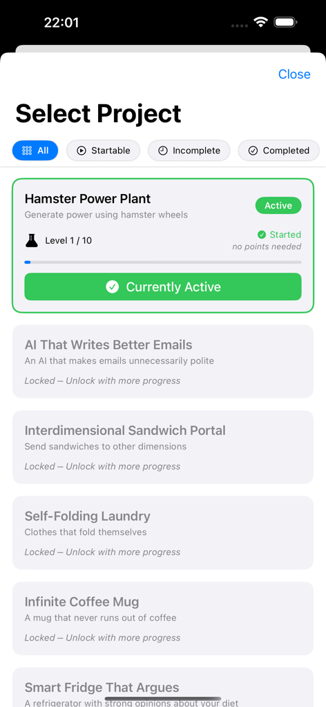 Mobile app screen showing a list of eccentric scientific projects to unlock including Hamster Power Plant and Interdimensional Sandwich Portal