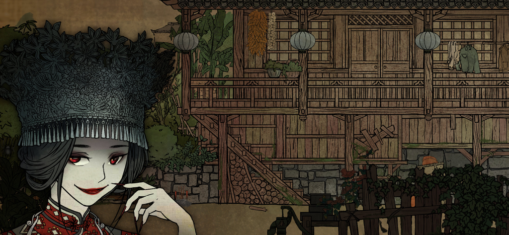 The Bride - Uma personagem misteriosa com uma elaborada cobertura preta para a cabeça e vestido vermelho em frente a um edifício de madeira antigo no jogo The Bride.