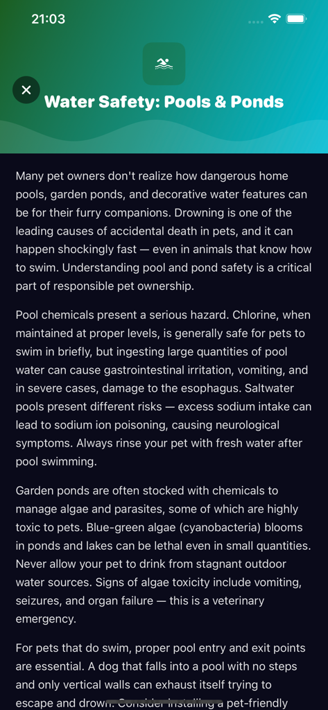 PetRoad-knowledge - Educational screen from the PetRoad-knowledge app detailing safety tips for pets around pools and ponds.