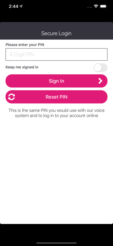 Parking Kitty - Secure login screen of the Parking Kitty app with a 4-digit PIN entry field and sign in buttons.