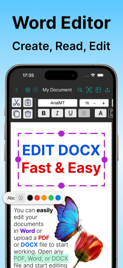 Edit Word Document with OffiX - OffiX mobile app interface showing a Word document editor with text formatting tools on an iPhone screen